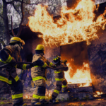 An image of three firemen holding a large hose and directing water into a burning building.